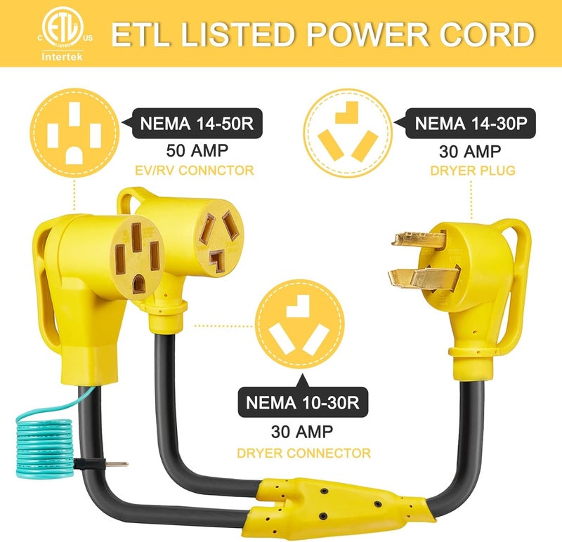 Suplevel 30 Amp Dryer Y Splitter to RV/EV, NEMA 10-30P to 14-50R/10-30R Splitter Power Adapter Cord, Dryer 3-Prong 30 AMP Y Adapter Cable for EV Charging at Dryer Outlet, STW 10 AWG, 3 FT, ETL Listed - Image 4